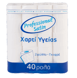 Χαρτί Υγείας – 40 ρολά Satin, λευκό γκοφρέ 2 φύλλων. 100% Υδατοδιαλυτό. Yψος 8.9cm, μικτό βάρος 115 g, καθαρό βάρος 107 g, μήκος ρολού 40m, αριθμός φύλλων ρολού 364 διπλά.